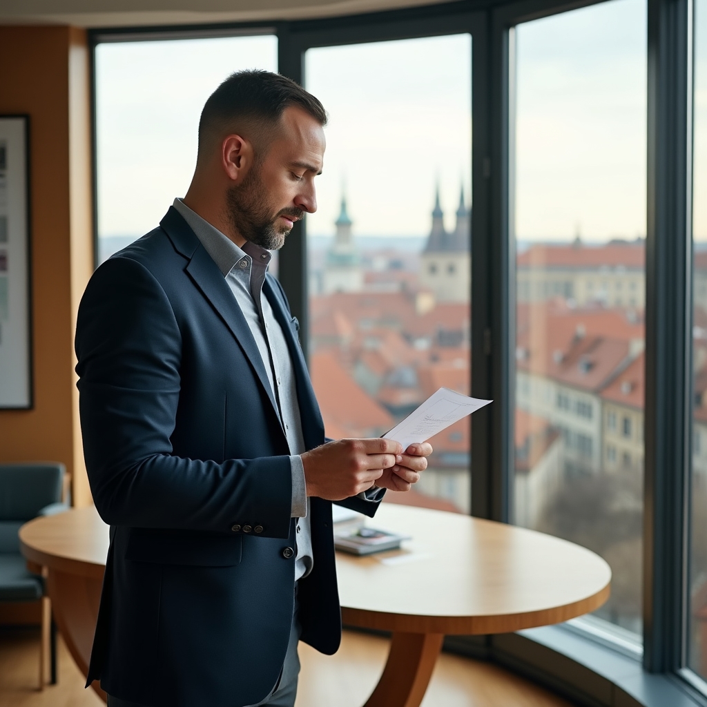 Profesionál přemýšlí strategicky u panoramatického okna